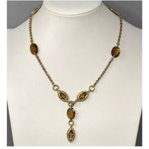 Monet Necklace Vintage Gold Tone Brown Acrylic Beads Station Y Drop Front Clasp
